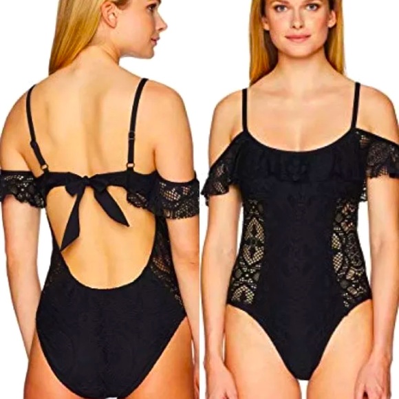NWT KENNETH COLE ROYALTY OFF SHOULDER BLACK MIO ONE PIECE REACTION SWIMSUIT 🖤